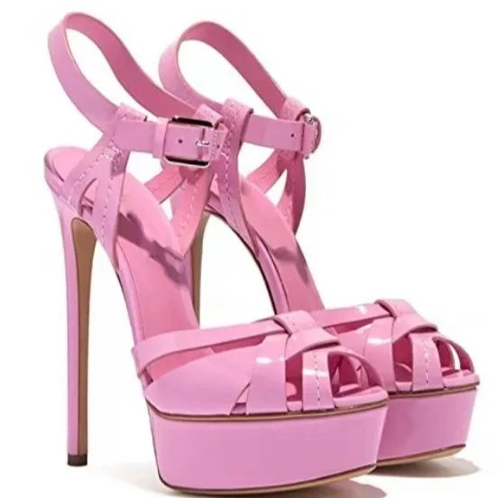European and American Women's Round Headed Fashion, High Heels, Waterproof Platform, Banquet, One Button Sandals with Buckle