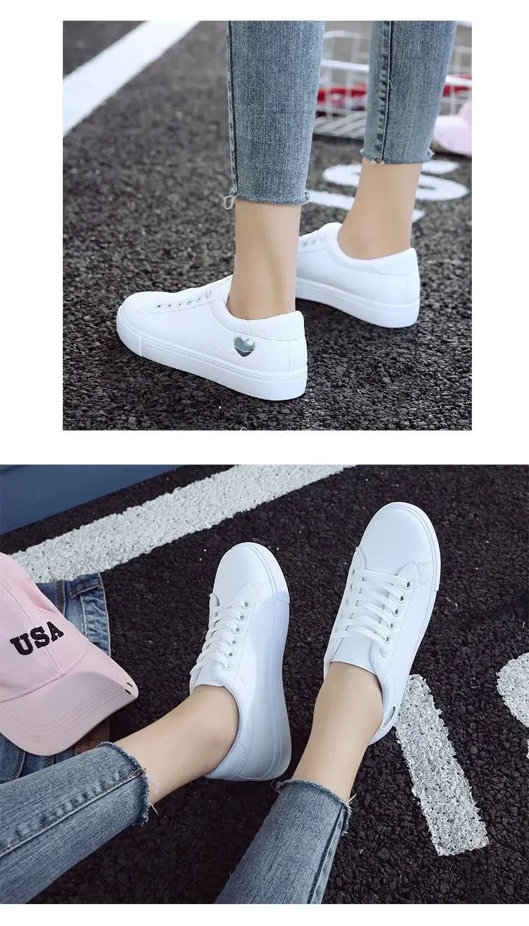 New student Korean version white shoes, women's heart-shaped flat bottom breathable casual women's board shoes, sports shoes