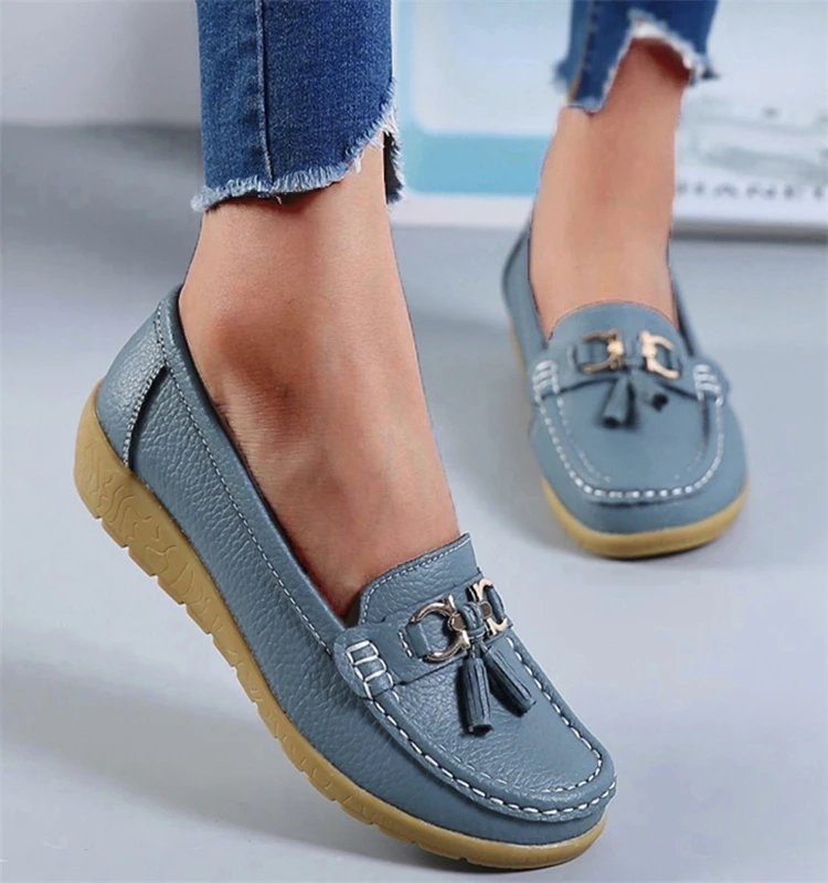 Genuine Leather Women Flats Fashion Casual Women Shoe Moccasins Shoes Woman Slip On Flat Shoes Black Ladies Shoes Plus Size