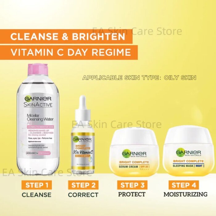 4Sets Garnier Anti-Acne Soothing Booster Serum Vitamin C Essence Bright Complete Serum Cream Sleeping Mask Sakura Makeup Remover - Image 1