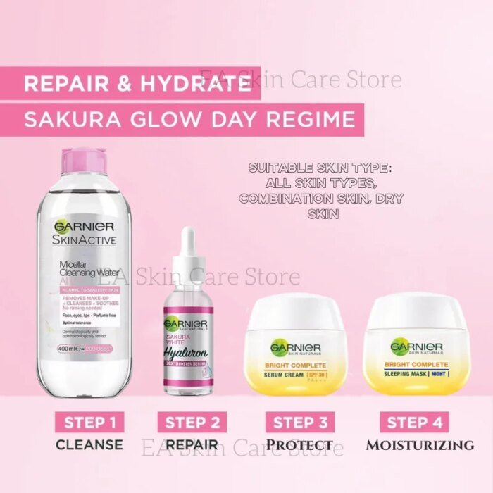 4Sets Garnier Anti-Acne Soothing Booster Serum Vitamin C Essence Bright Complete Serum Cream Sleeping Mask Sakura Makeup Remover - Image 3