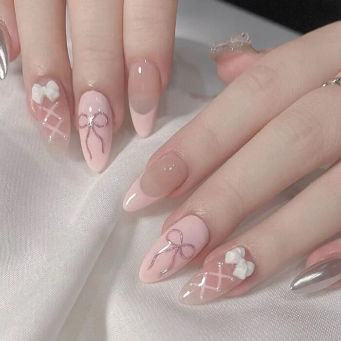 24pcs French False Nails Almond Head Summer Style Glitter Design Fake Nail Patch Full Cover Wearable Women Press on Nail Tips - Image 3