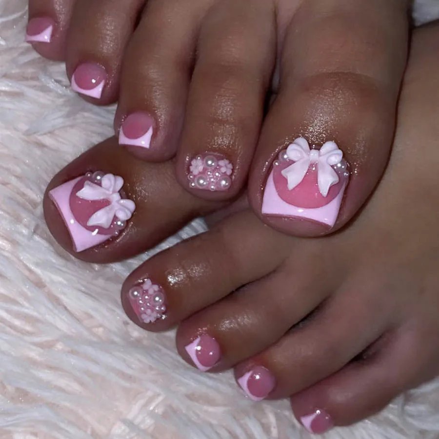 False Toe Nails New Summer Simple French Fake Toenails Wearable Removable Press On Toe nail 24pcs Fake Toenails For Girls Women False Toe Nails New Summer Simple French Fake Toenails Wearable Removable Press On Toe nail 24pcs Fake Toenails For Girls Women
