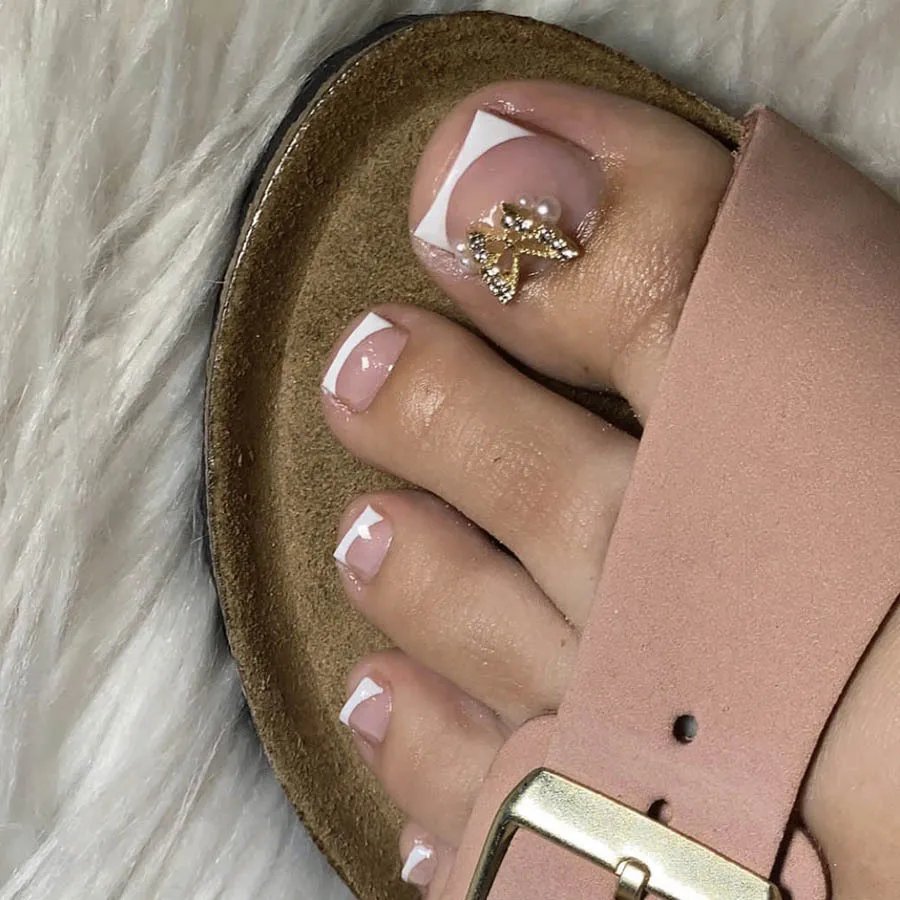 False Toe Nails New Summer Simple French Fake Toenails Wearable Removable Press On Toe nail 24pcs Fake Toenails For Girls Women False Toe Nails New Summer Simple French Fake Toenails Wearable Removable Press On Toe nail 24pcs Fake Toenails For Girls Women