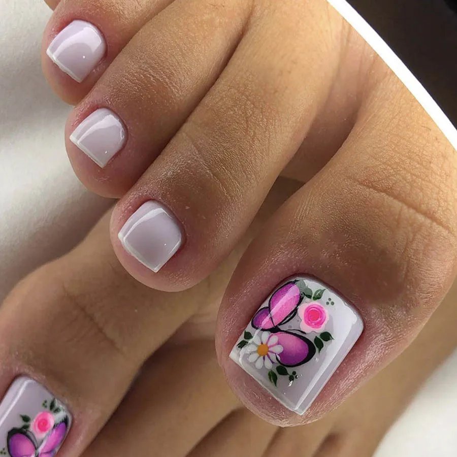 False Toe Nails New Summer Simple French Fake Toenails Wearable Removable Press On Toe nail 24pcs Fake Toenails For Girls Women False Toe Nails New Summer Simple French Fake Toenails Wearable Removable Press On Toe nail 24pcs Fake Toenails For Girls Women