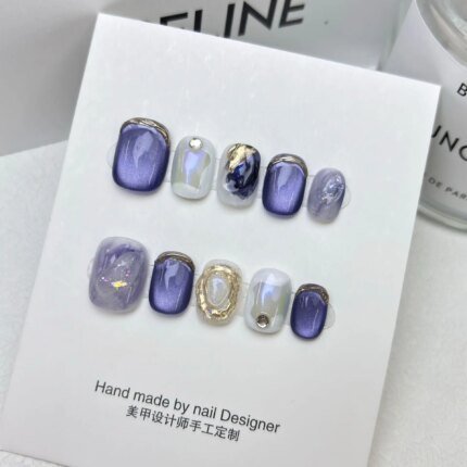 10pcs/set Handmade Dreamy Blue Press-On Nails Short Ballet Shape Gradient & Ombre Design Glossy Finish Removable False Nail Tips