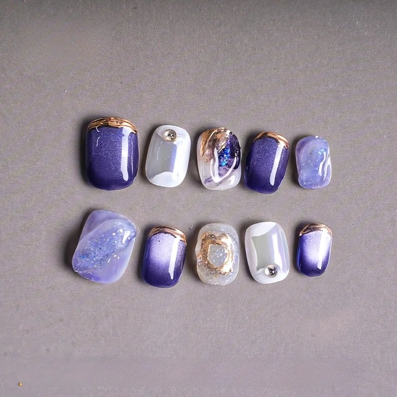 10pcs/set Handmade Dreamy Blue Press-On Nails Short Ballet Shape Gradient & Ombre Design Glossy Finish Removable False Nail Tips