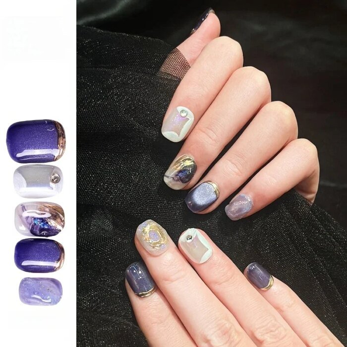 10pcs/set Handmade Dreamy Blue Press-On Nails Short Ballet Shape Gradient & Ombre Design Glossy Finish Removable False Nail Tips - Image 2