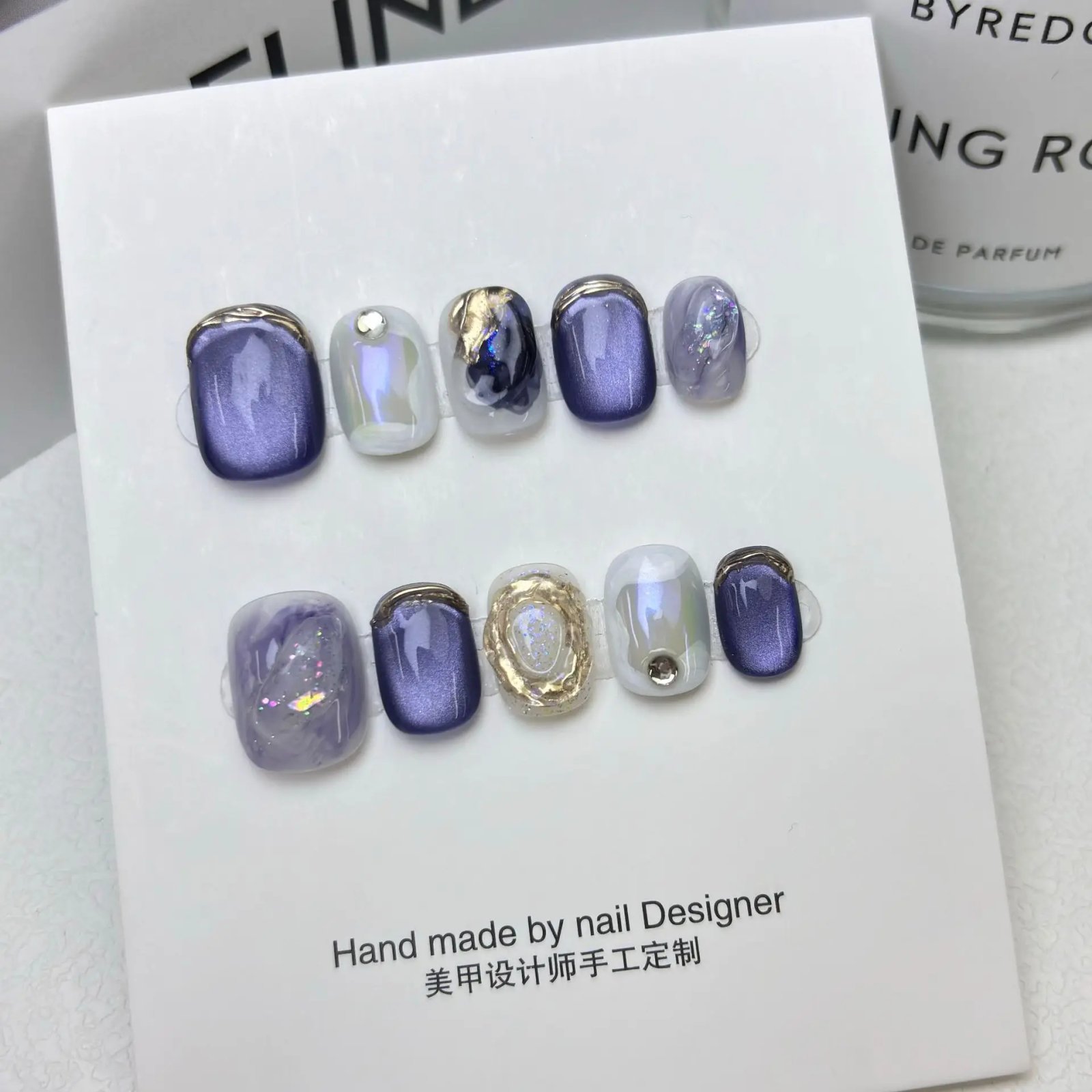 10pcs/set Handmade Dreamy Blue Press-On Nails Short Ballet Shape Gradient & Ombre Design Glossy Finish Removable False Nail Tips