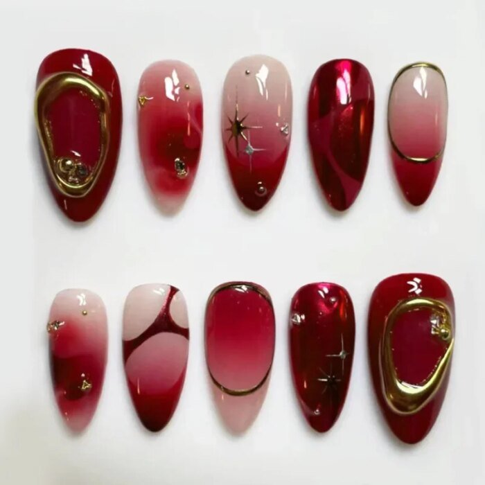 24Pc French Almond Press on Fake Nails Wearable Gradient Red Nails with Glue Simple Stars Design False Nails Full Cover Nail Tip - Image 1