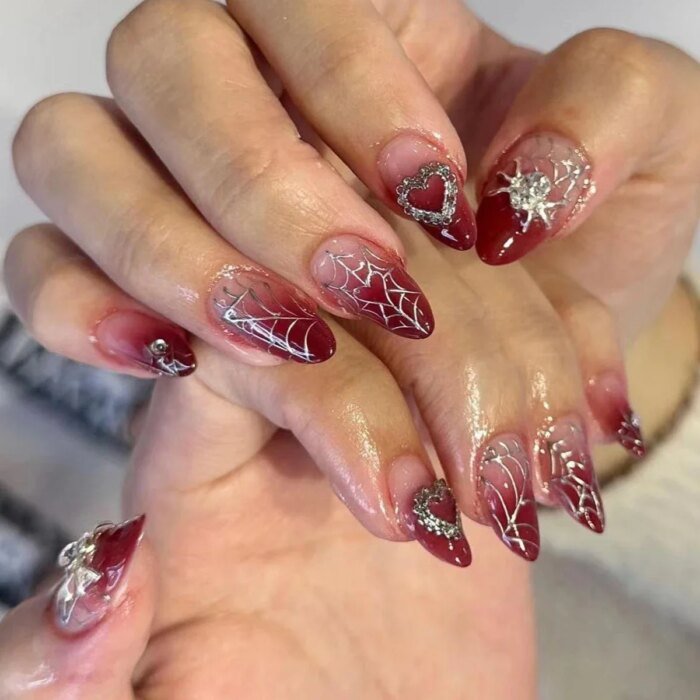 24Pc French Almond Press on Fake Nails Wearable Gradient Red Nails with Glue Simple Stars Design False Nails Full Cover Nail Tip - Image 2
