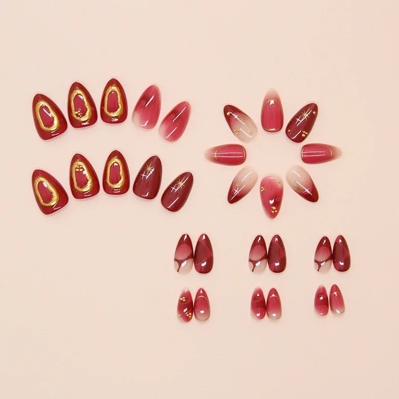 24Pc French Almond Press on Fake Nails Wearable Gradient Red Nails with Glue Simple Stars Design False Nails Full Cover Nail Tip