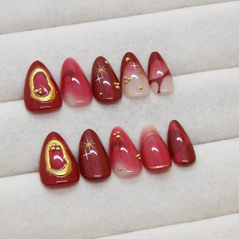 24Pc French Almond Press on Fake Nails Wearable Gradient Red Nails with Glue Simple Stars Design False Nails Full Cover Nail Tip