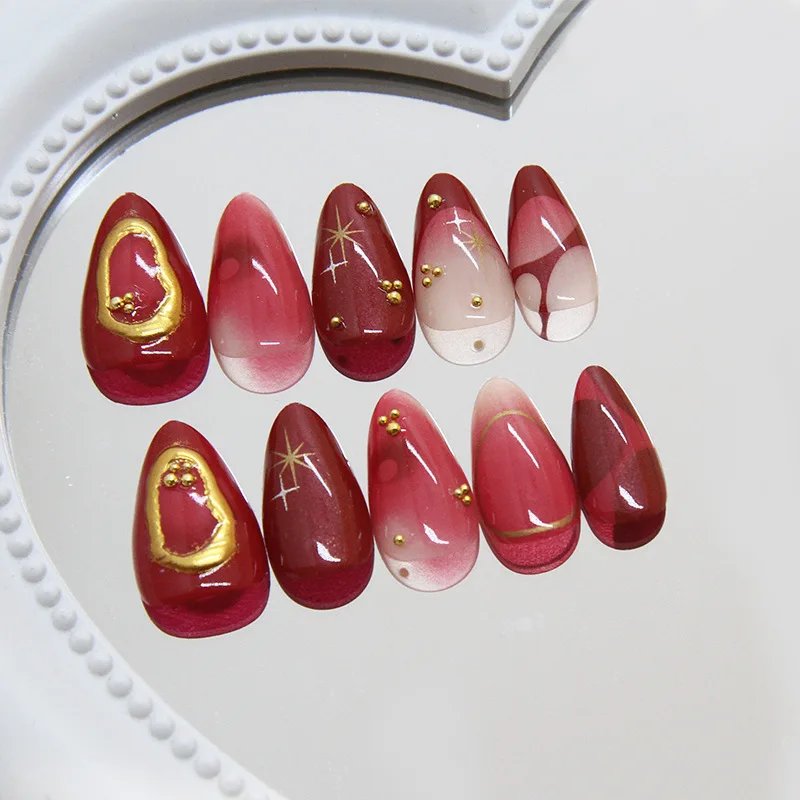 24Pc French Almond Press on Fake Nails Wearable Gradient Red Nails with Glue Simple Stars Design False Nails Full Cover Nail Tip