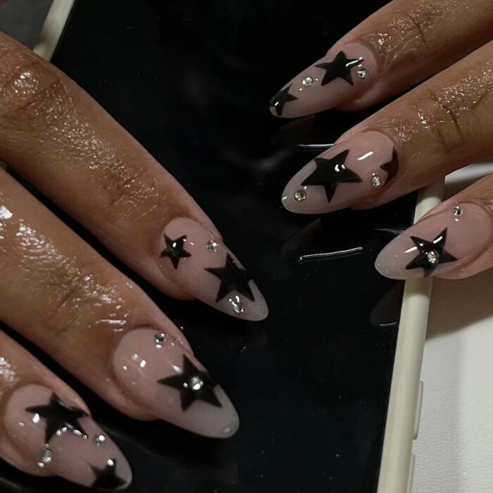24pcs Short Almond False Nail Art Starlight Rhinestone Design Nails Tip Green Full Cover Nail Set Datachable Press on Fake Nails - Image 6