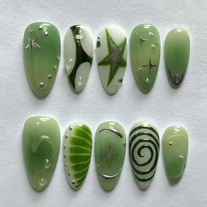 24pcs Short Almond False Nail Art Starlight Rhinestone Design Nails Tip Green Full Cover Nail Set Datachable Press on Fake Nails - Image 1