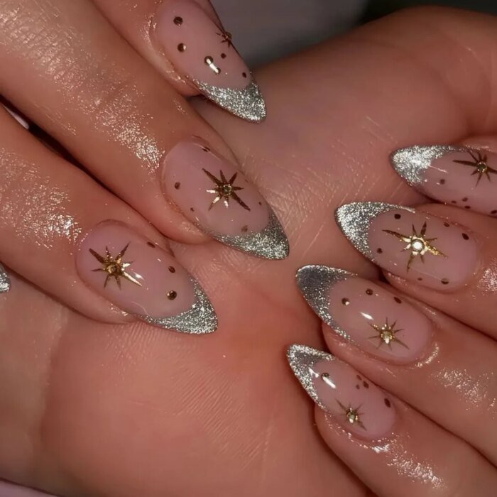 24pcs Short Almond False Nail Art Starlight Rhinestone Design Nails Tip Green Full Cover Nail Set Datachable Press on Fake Nails - Image 5