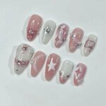 24pcs Short Almond False Nail Art Starlight Rhinestone Design Nails Tip Green Full Cover Nail Set Datachable Press on Fake Nails - Image 2