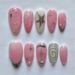 24pcs Short Almond False Nail Art Starlight Rhinestone Design Nails Tip Green Full Cover Nail Set Datachable Press on Fake Nails - Image 4