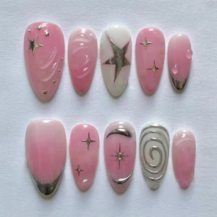 24pcs Short Almond False Nail Art Starlight Rhinestone Design Nails Tip Green Full Cover Nail Set Datachable Press on Fake Nails - Image 4