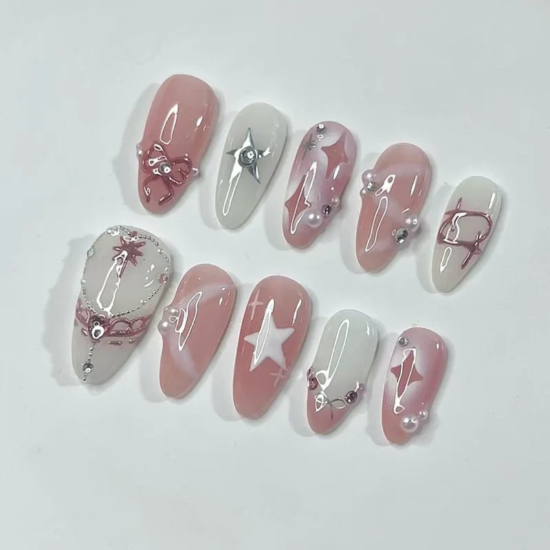 24pcs Short Almond False Nail Art Starlight Rhinestone Design Nails Tip Green Full Cover Nail Set Datachable Press on Fake Nails