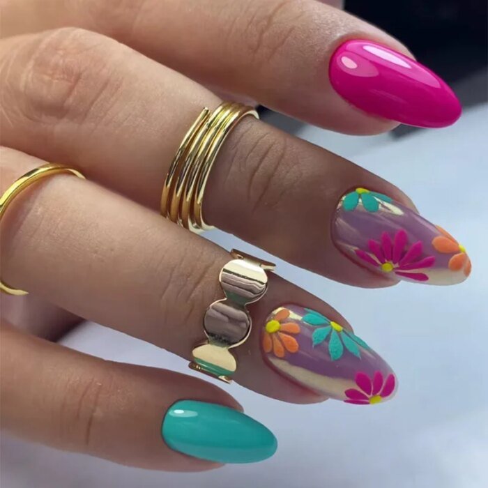 24Pcs Simple Almond Fake Nails with Green Leaves Design Elliptic Acrylic False Nails Wearable French Press on Nail Manicure Tips - Image 6