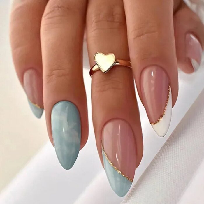 24Pcs Simple Almond Fake Nails with Green Leaves Design Elliptic Acrylic False Nails Wearable French Press on Nail Manicure Tips - Image 3