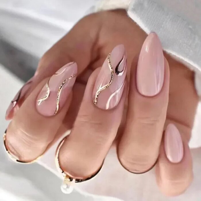 24Pcs Simple Almond Fake Nails with Green Leaves Design Elliptic Acrylic False Nails Wearable French Press on Nail Manicure Tips - Image 4