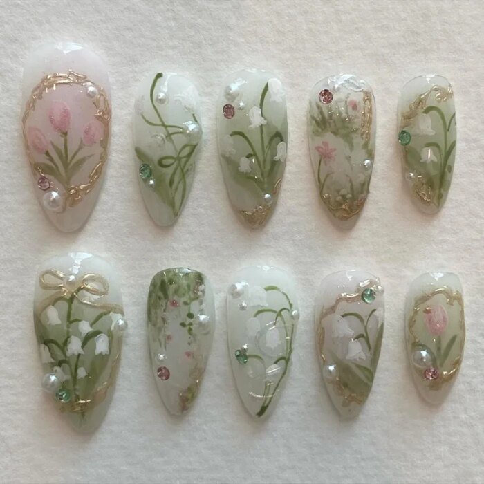 24Pcs Simple Almond Fake Nails with Green Leaves Design Elliptic Acrylic False Nails Wearable French Press on Nail Manicure Tips - Image 2