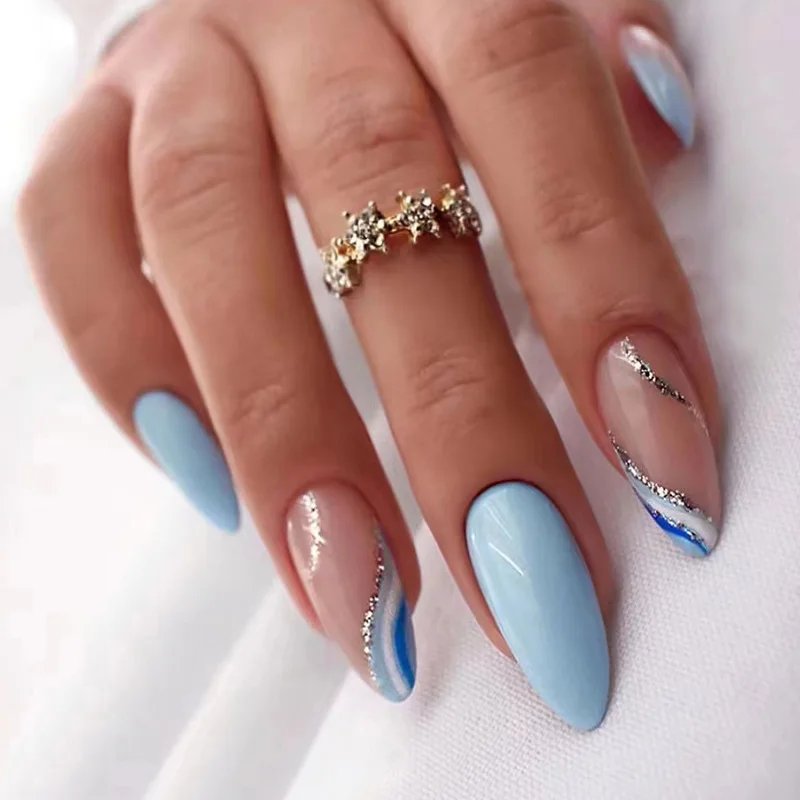 24Pcs Simple Almond Fake Nails with Green Leaves Design Elliptic Acrylic False Nails Wearable French Press on Nail Manicure Tips
