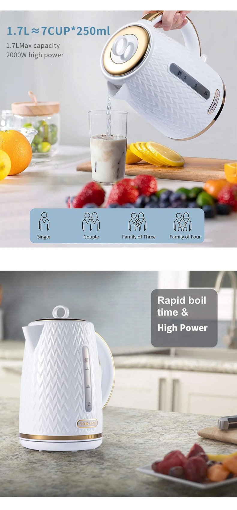 Houselin Electric Kettle, with Fast Boil and Boil Dry Protection, 1.7 Litre Double Wall Hot Water Boiler Heater , 2000 W