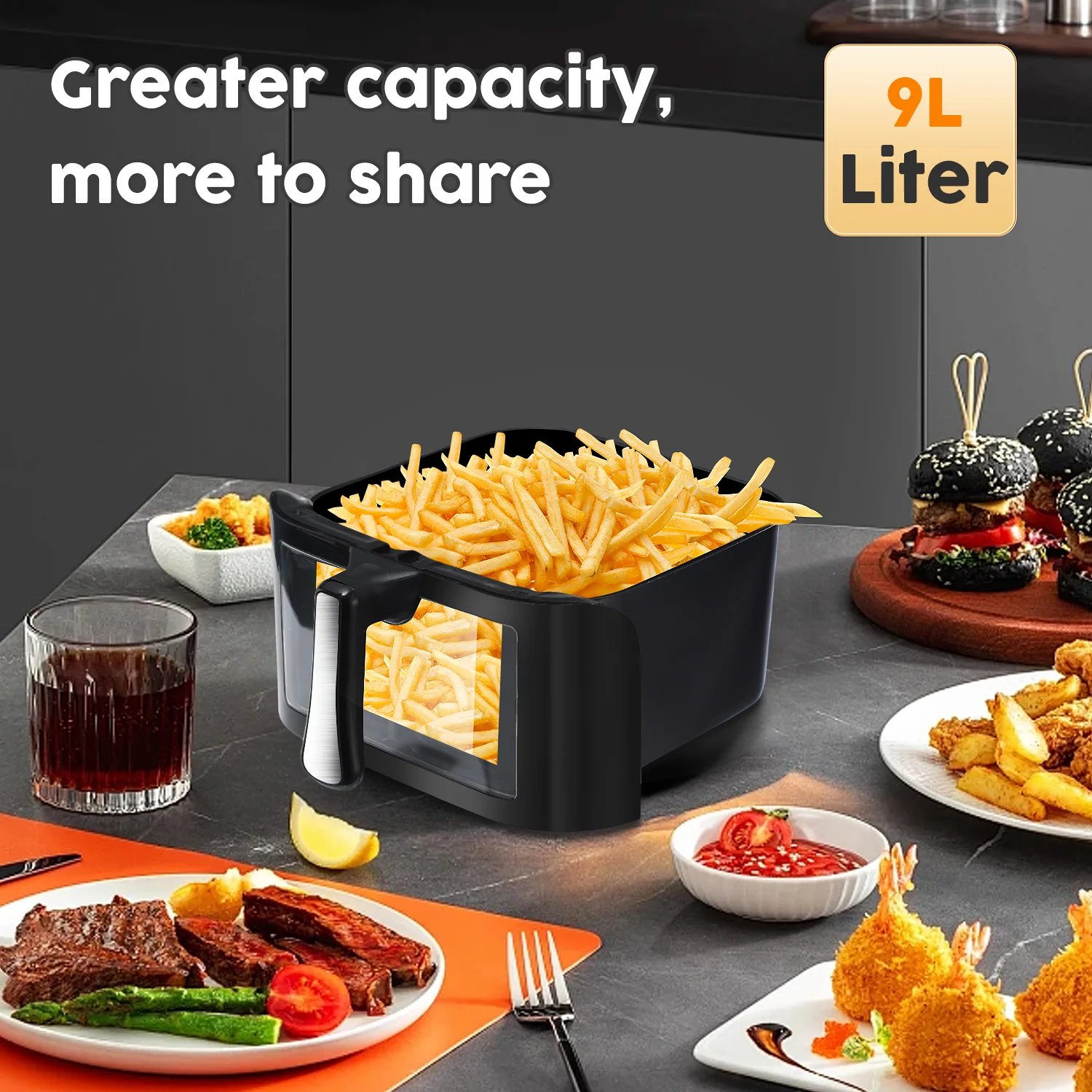 1400W Smart Air Fryer Oven 9L Large Capacity 360 Degree Hot Circulation Transparent Window Healthy Cook Home Kitchen Appliance