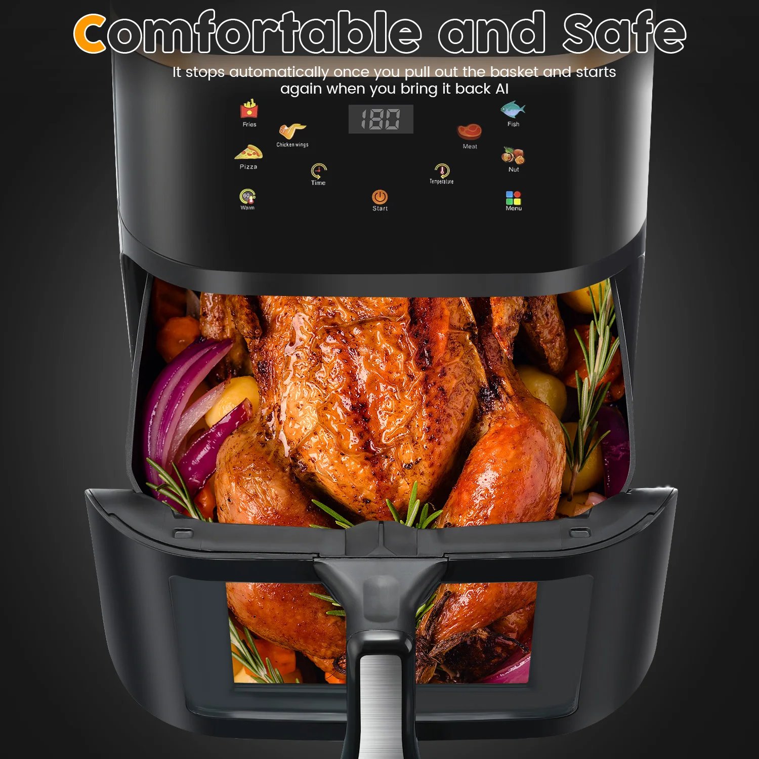 1400W Smart Air Fryer Oven 9L Large Capacity 360 Degree Hot Circulation Transparent Window Healthy Cook Home Kitchen Appliance