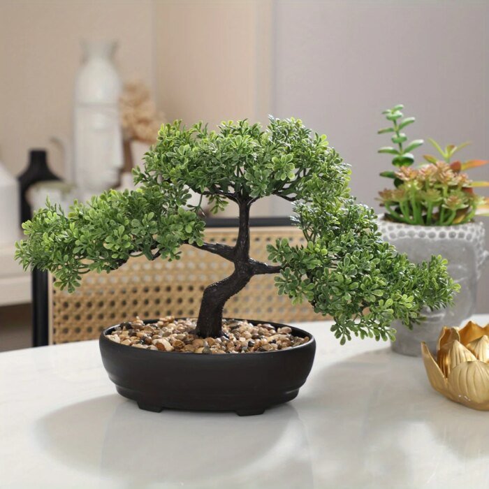 1pc Artificial Bonsai Tree: A Zen Garden Accent Artificial Plant PP Material Black Planter Home Office Party Decoration - Image 1