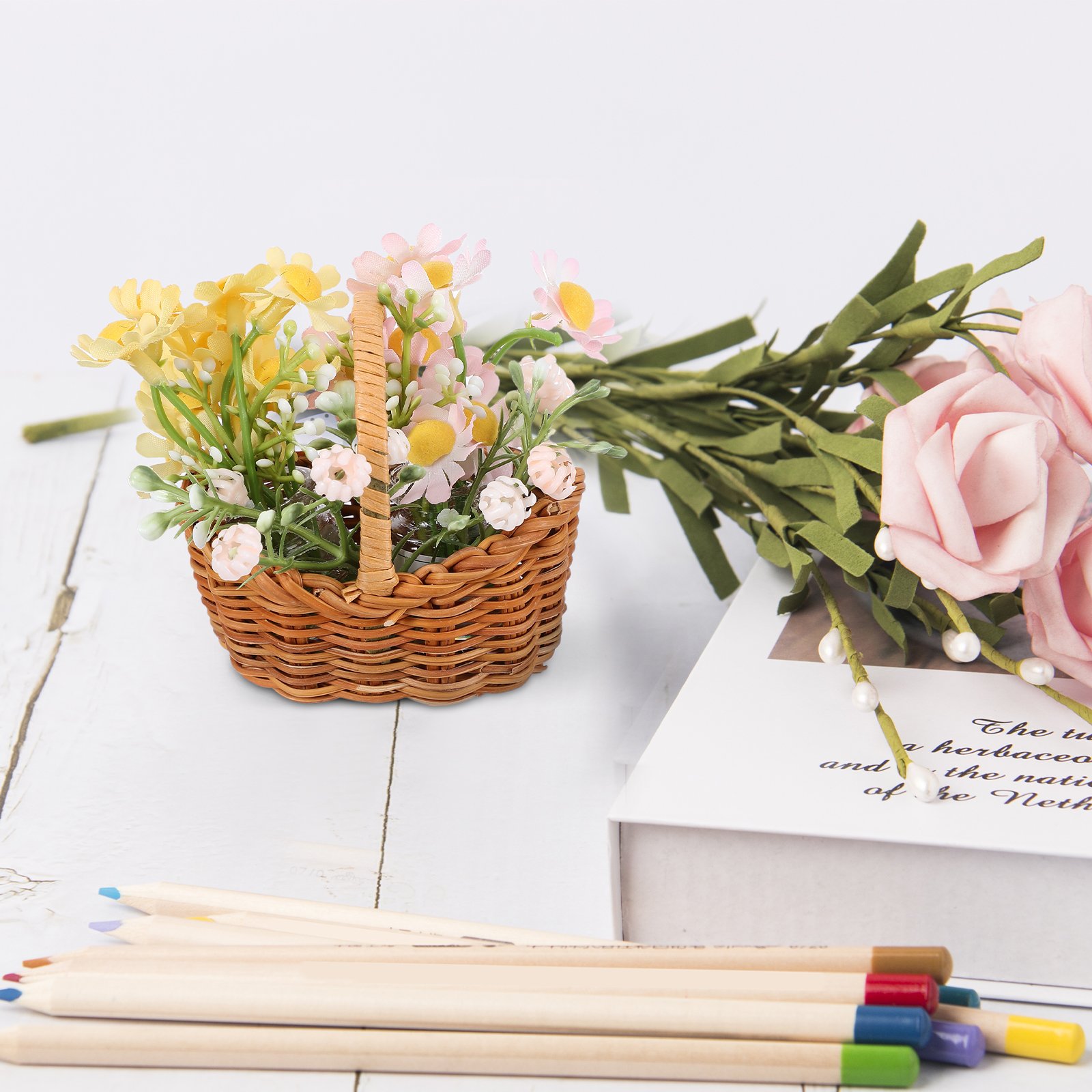 2pcs Mini Rattan Party Crafts Decor Wedding Miniature Flower Basket Decors Container Woven Wicker