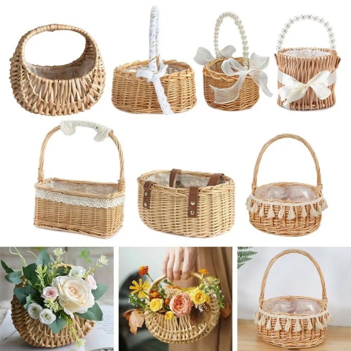 Small Flower Basket Flower Arrangement Basket Willow Rattan Woven Basket Wicker Half Moon Storage With Handle Flower Baskets - Image 1