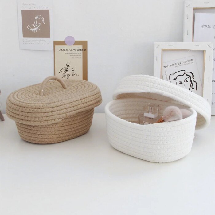 Simple Desktop Storage Baskets Lid Handmade Woven Remote Control Organize Boxs Multifunctional Sundries Cosmetics Container Item - Image 2