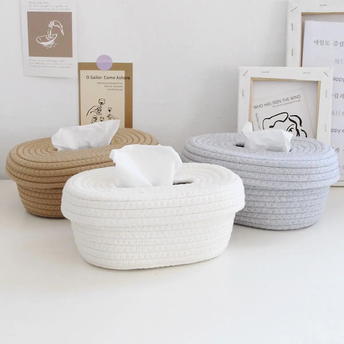 Simple Desktop Storage Baskets Lid Handmade Woven Remote Control Organize Boxs Multifunctional Sundries Cosmetics Container Item