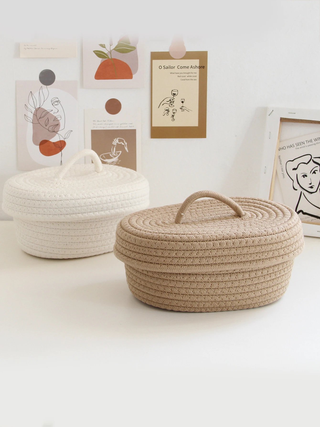 Simple Desktop Storage Baskets Lid Handmade Woven Remote Control Organize Boxs Multifunctional Sundries Cosmetics Container Item