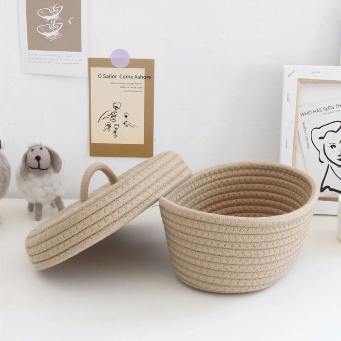 Simple Desktop Storage Baskets Lid Handmade Woven Remote Control Organize Boxs Multifunctional Sundries Cosmetics Container Item - Image 3