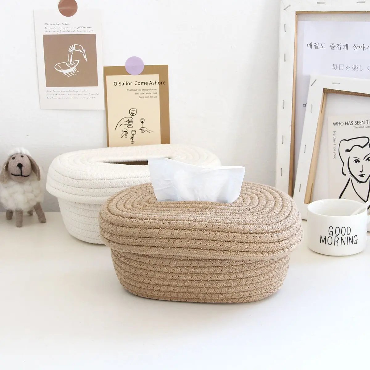 Simple Desktop Storage Baskets Lid Handmade Woven Remote Control Organize Boxs Multifunctional Sundries Cosmetics Container Item