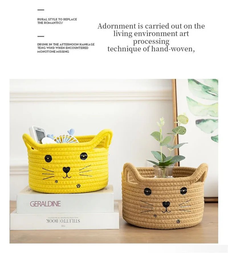 Storage Basket Cute Cat's Ears Shape Snacks Storage Basket Handmade Cotton Rope Basket for Chocolate Sundries Dinner Snacks