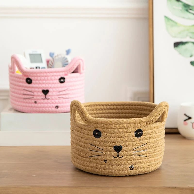 Storage Basket Cute Cat's Ears Shape Snacks Storage Basket Handmade Cotton Rope Basket for Chocolate Sundries Dinner Snacks