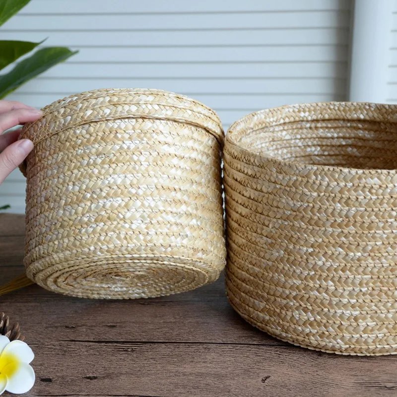 14/16/18/22cm Grass Hand-woven Storage Basket With Lid Weaving Snack Sundries Cosmetics Storage Box Household Storage