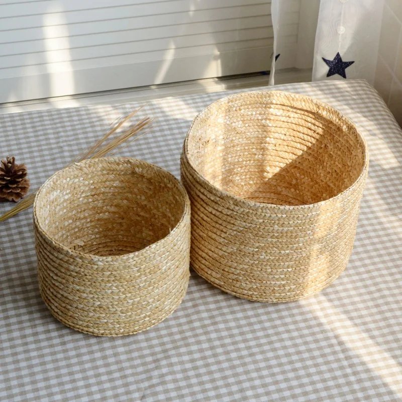 14/16/18/22cm Grass Hand-woven Storage Basket With Lid Weaving Snack Sundries Cosmetics Storage Box Household Storage