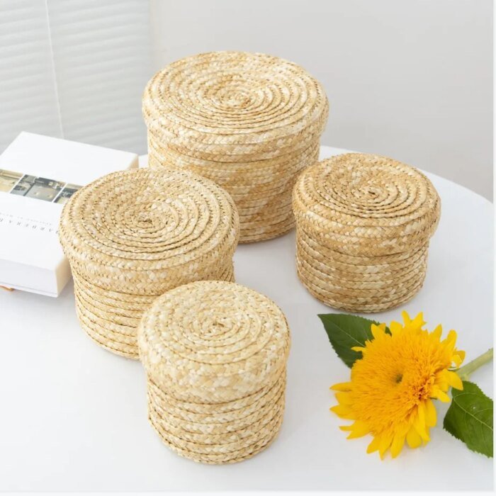 LuanQI-Handmade Straw Woven Basket with Lid, Bridal Souvenir Box, Seagrass Plant Basket, Snack Storage Box, Flower Organizer - Image 2