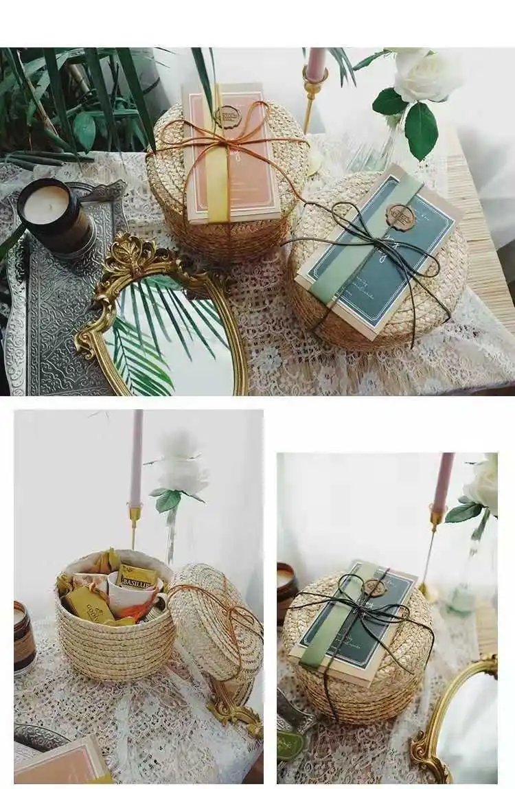 LuanQI-Handmade Straw Woven Basket with Lid, Bridal Souvenir Box, Seagrass Plant Basket, Snack Storage Box, Flower Organizer