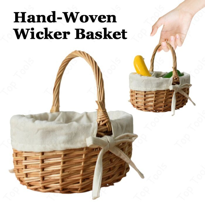 Handmade Wicker Basket with Handle Sundries Pastoral Style Picnic Storage Basket Hand Woven Rattan Flower Basket Home Decoration - Image 1