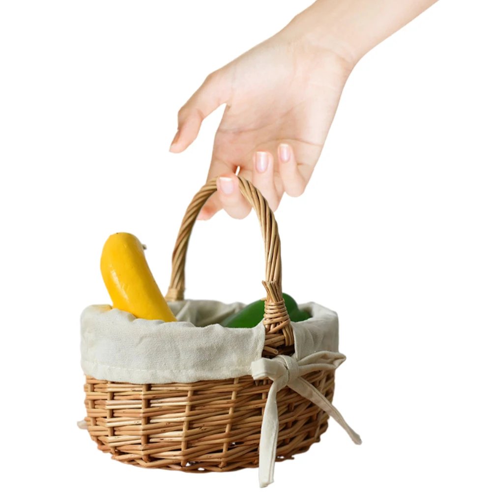 Handmade Wicker Basket with Handle Sundries Pastoral Style Picnic Storage Basket Hand Woven Rattan Flower Basket Home Decoration