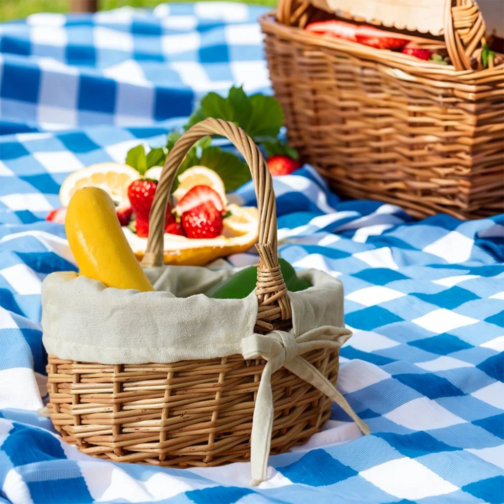 Handmade Wicker Basket with Handle Sundries Pastoral Style Picnic Storage Basket Hand Woven Rattan Flower Basket Home Decoration